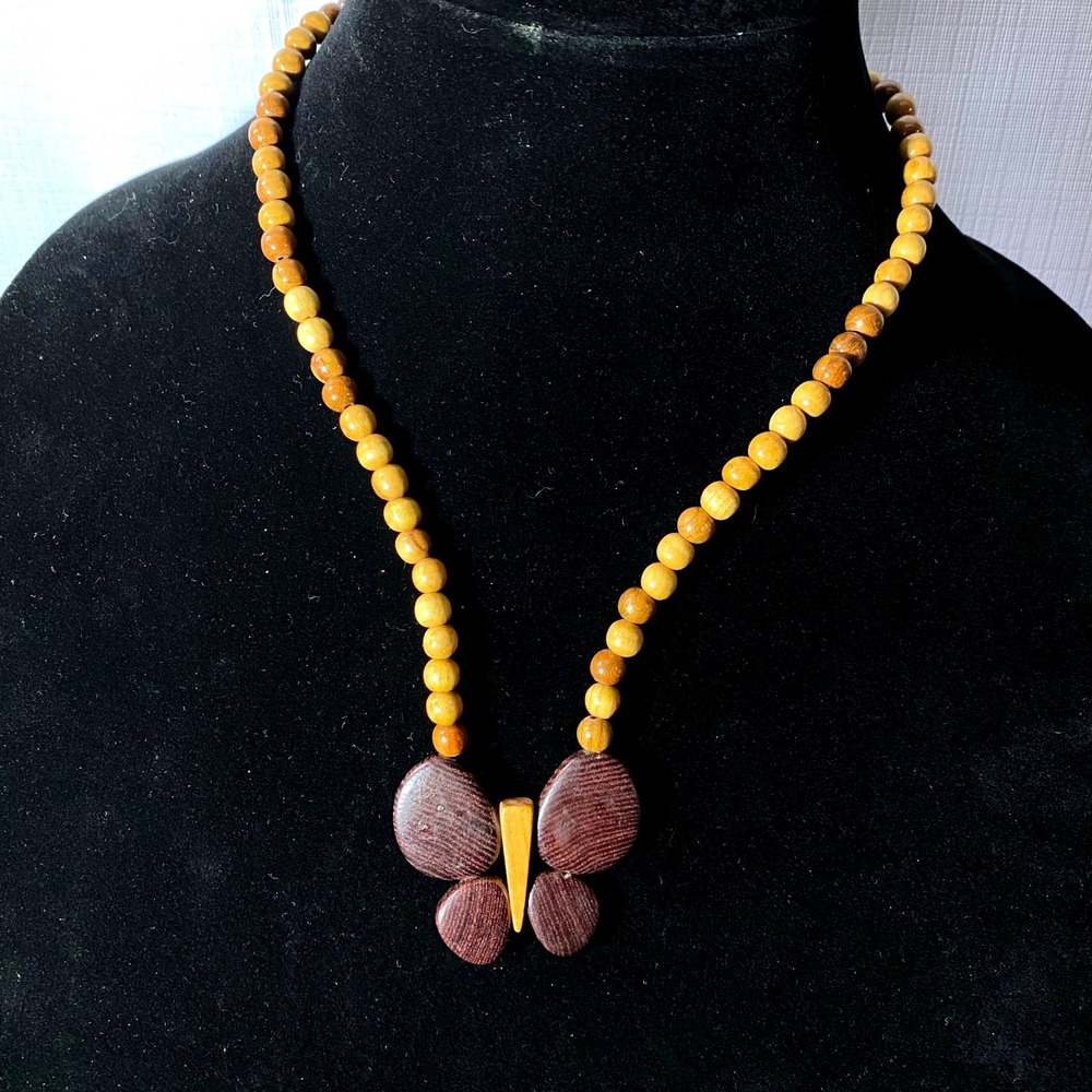 Wooden‎ Butterfly Necklace Natural Wood Beads Pendant Statement